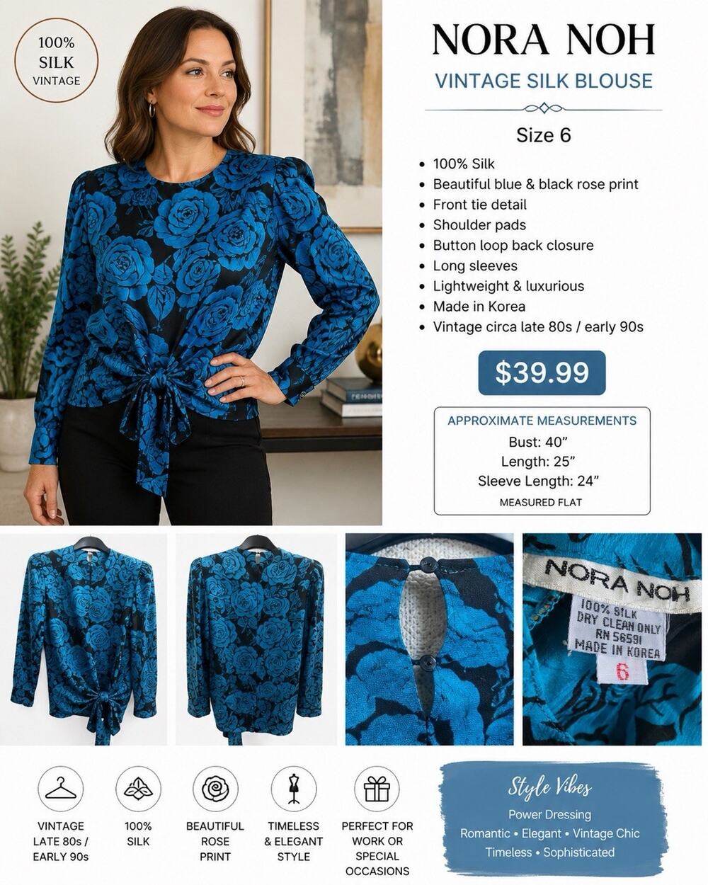 VTG Nora Noh 100% Silk Blouse S 6 Blue Black Rose Floral Tie Front Shoulder Pads